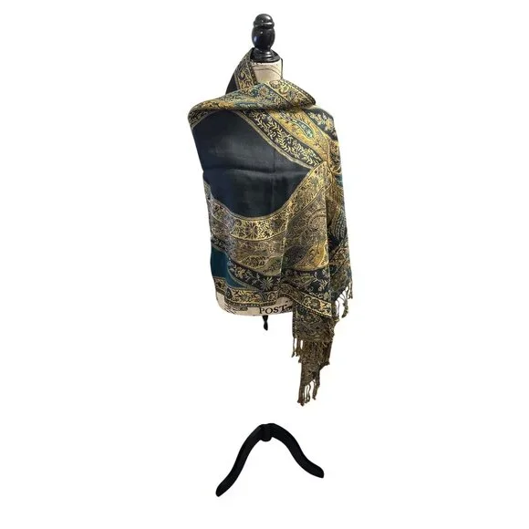 Pashmina Paisley Patterned Reversible Shawl/Wrap With Fringe - Teal & Gold - Wom - Picture 3 of 7